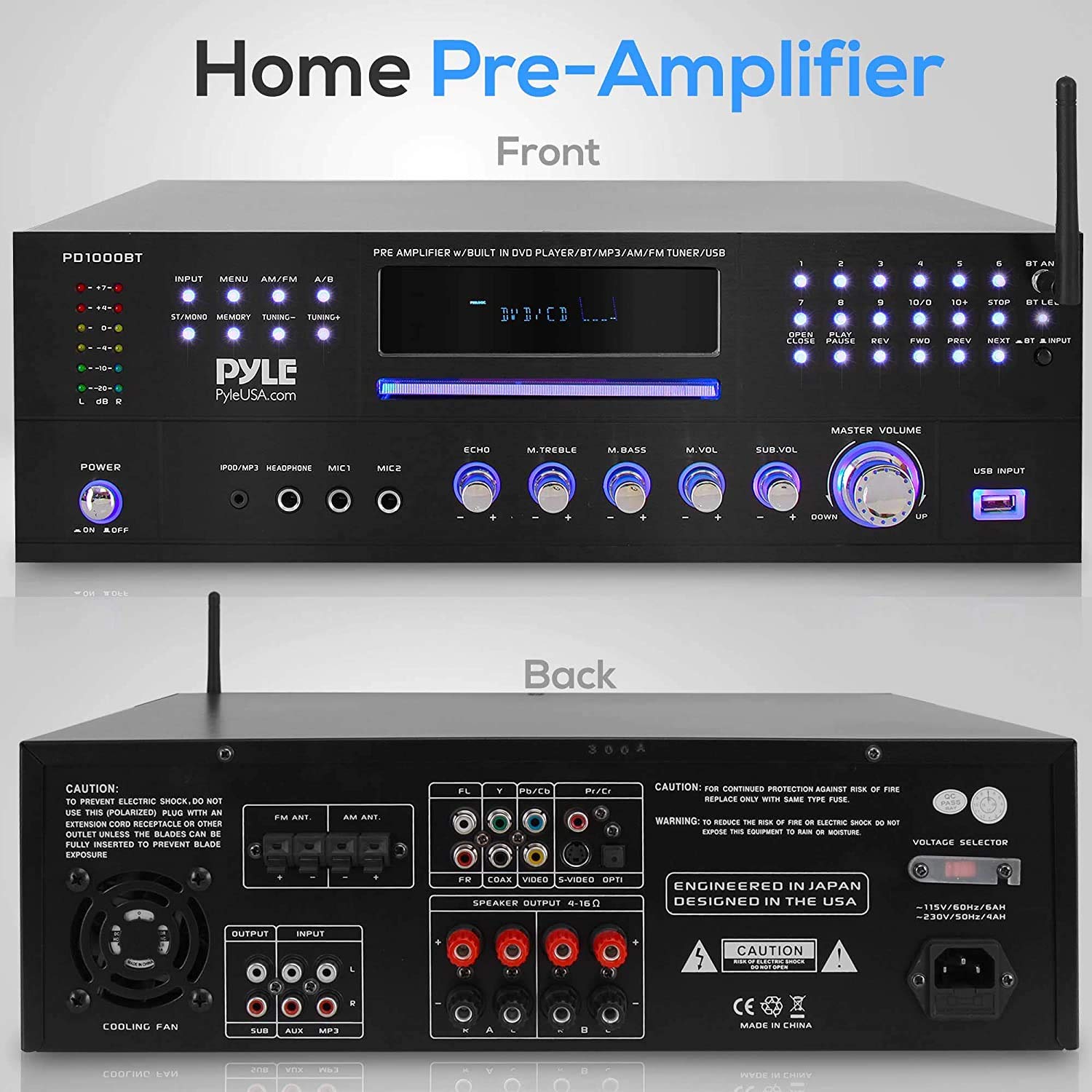 PYLE 4 Channel Pre Amplifier Receiver - 1000 Watt Rack Mount Bluetooth Home Theater-Stereo Surround Sound Preamp Receiver W/Audio/Video System, CD/DVD Player, AM/FM Radio, MP3/USB Reader - PD1000BT