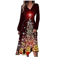 Women's Christmas Dresses Formal Fall and Winter Casual Fashion V-Neck Long Sleeve Christmas Tree Print Maxi Dresses