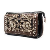 Western Rhinestone Embroidery Laser Cut Leather Double Floral Crossbody Small Pouch Wallet in 4 colors