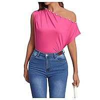 SweatyRocks Women's Pearls Beaded Short Sleeve T Shirts Casual Asymmetrical Neck Ruched Tee Tops