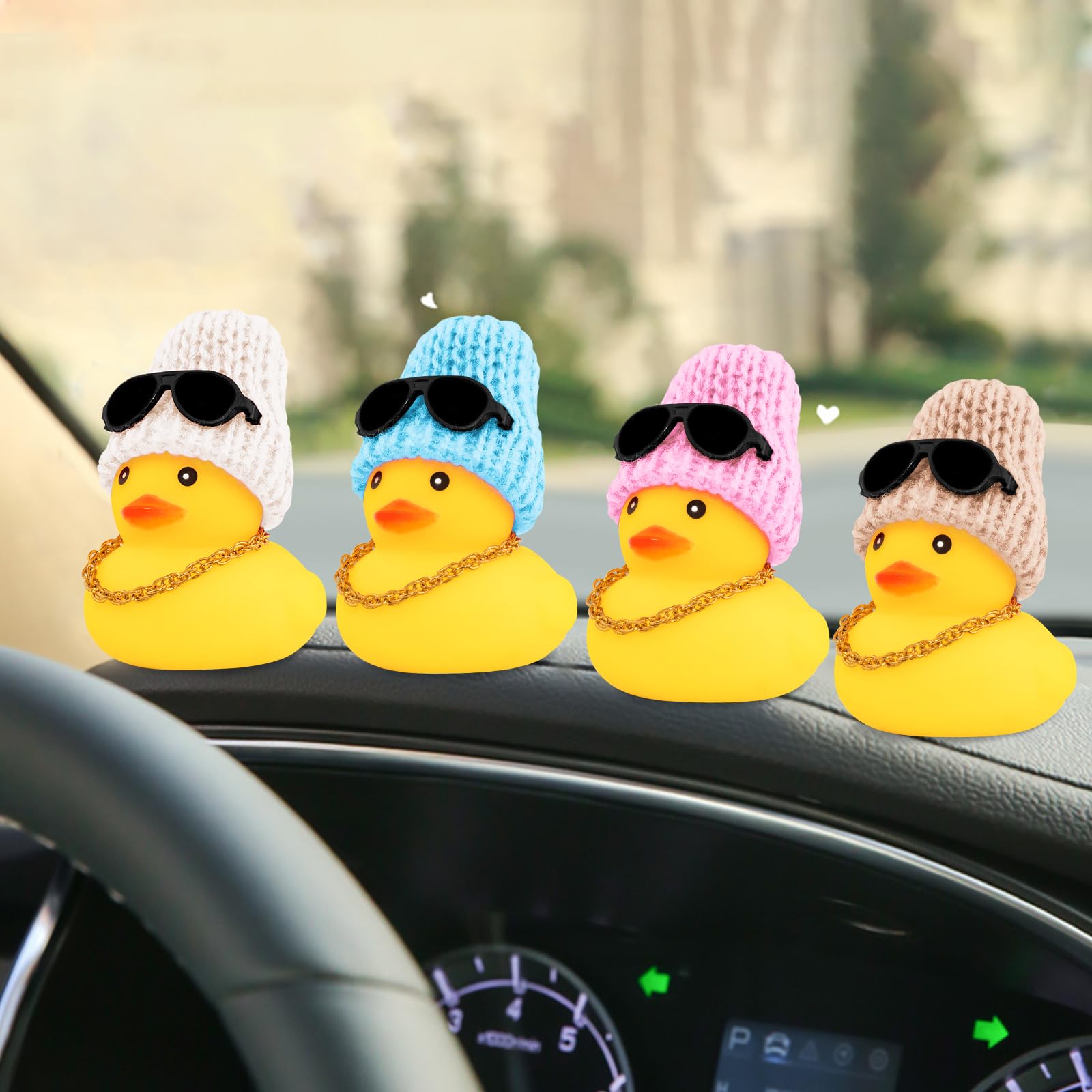 wonuu Swim Ring Rubber Ducks with Crown/Knitted Hat Sunglasses Pearl/Necklace for Cars Dashboard Decorations Car Accessories Duck Car Ornament, Queen+Pink