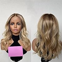 Highlight Color Wavy Human Hair Wig Caramel Blonde Highlights with Brown Roots 13x6 HD Transparent Lace Front Wig Pre Plucked Brazilian Hair 150% Density with Baby Hair Bleached Knots 18inch