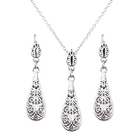 18K White Gold Plated Antique Style Tear Drop Filigree Floral Pendant Necklace and Earring Jewelry Set S117
