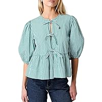 PEHMEA Women Tie Front Tops Peplum Baby Doll Shirts Puff Sleeve Y2K Summer Blouse Going Out Tops(GreenStriped-L)