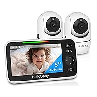 HelloBaby Upgrade 5’’ Baby Monitor with 26-Hour Battery, 2 Cameras Pan-Tilt-Zoom, 1000ft Range Video Audio Baby Monitor No WiFi, VOX, Night Vision, 2-Way Talk, 8 Lullabies and Temperature