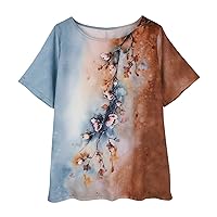 Tops for Womens 2024 Ethnic Floral Print Vintage Fashion Casual Plus Size Tunics Half Sleeve Crewneck Shirt