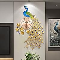 FMTAD Large Peacock Wall Clock Non Ticking Silent 3D Luxury Decorative Peacock Wall Clock Mid Century Large Peacock Clocks for Living Room Dining Room Bedroom Decoration