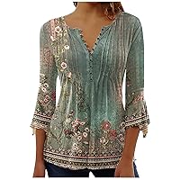 3/4 Sleeve Shirts for Women Bell V Neck Graphic T Shirts Button Pleated Boho Tops Elegant Vintage Floral Blouse