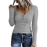 COZYEASE Women's Half Button Ribbed Knit T Shirt Scoop Neck Long Sleeve Tops Casual Soft Basic Tee Tops