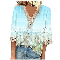 Womens Trendy Lounge Running Shirts 3/4 Sleeve Plus Size Regular Elasticated Tunic Relaxed Fit Printed V Neck Tops