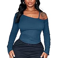 Casual Tops for Women Long Sleeve Off Shoulder Spaghetti Strap Ribbed Stretchy Bodycon Blouse Shirt