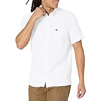 Lacoste Mens Short Sleeve Regular Fit Linen Casual Button Down Shirt With Front Pocket