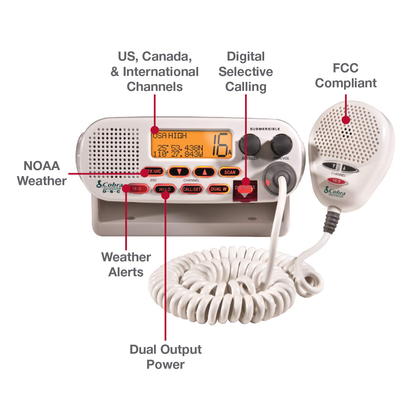 Cobra MR F45-D Fixed Mount VHF Marine Radio – 25 Watt VHF, Submersible, LCD Display, Noise Cancelling Microphone, NOAA Weather Channels, Signal Strength Meter, Scan Channels, White