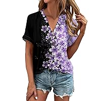 Independence Day Long Trendy Shirt Women Birthday Short Sleeve Button Down Print T Shirts Womans Vneck Polyester Purple XL