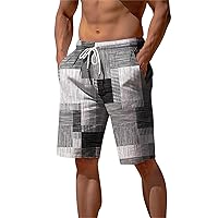 Mens Beach Linen Short Pants Summer Trendy Plaid Print Hawaiian Vacation Shorts Lightweight Elastic Waist Baggy Shorts