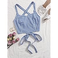 Women's Tops Shirts Sexy Tops for Women Gingham Lace Up Back Cami Top Shirts for Women (Color : Blue and White, Size : Medium)