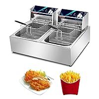 20L Electric Deep Fat Fryer, Counter Top Double-Cylinder Stainless Steel Fryer, with 2 Fry Basket And Lid, with Adjustable Temperature Setting + Light Indicator