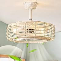 Boho Caged Ceiling Fans with Lights, 20 Inch White Rattan Fandelier Ceiling Fan with Lights and Remote Enclosed for Bedroom Kitchen Dining Room