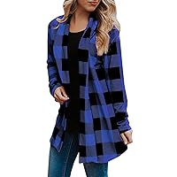 Womens Fall Fashion 2023 My Orders Placed Recently By Me Cardigan for Women Casual Plaid Long Sleeve Open Front Shirts Printed Plus Size Tops Loose Fit Lightweight Jackets(K-Blue,5X-Large)