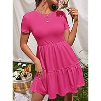 Women Dresses Ruffle Hem Solid Dress (Color : Hot Pink, Size : X-Small)