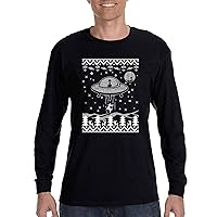 Men's Alien Abducting Reindeer Glow Dark Xmas Long Sleeve T-Shirt