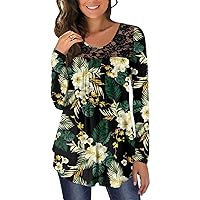BISHUIGE Womens Casual Loose Long Sleeves Tunic Tops Lace Panel Pleated T-shirts Blouses