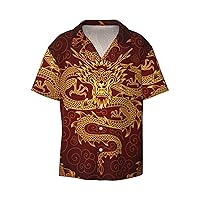 Golden Dragon Pattern Men's Summer Short-Sleeved Shirts, Casual Shirts, Loose Fit with Pockets
