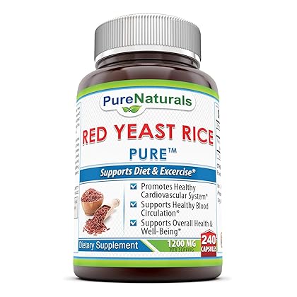 Pure Naturals Red Yeast Rice Dietary Supplement, 1200 Mgper Serving Capsules, 240Count, Promotes Healthy Cardiovascular System*, Supports Healthy Blood Circulation, Supports Overall Health*