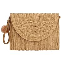 Natural Straw Clutch Bag Shoulder Bag Handbag for Women Straw Woven Large Purse Bag (Khaki)