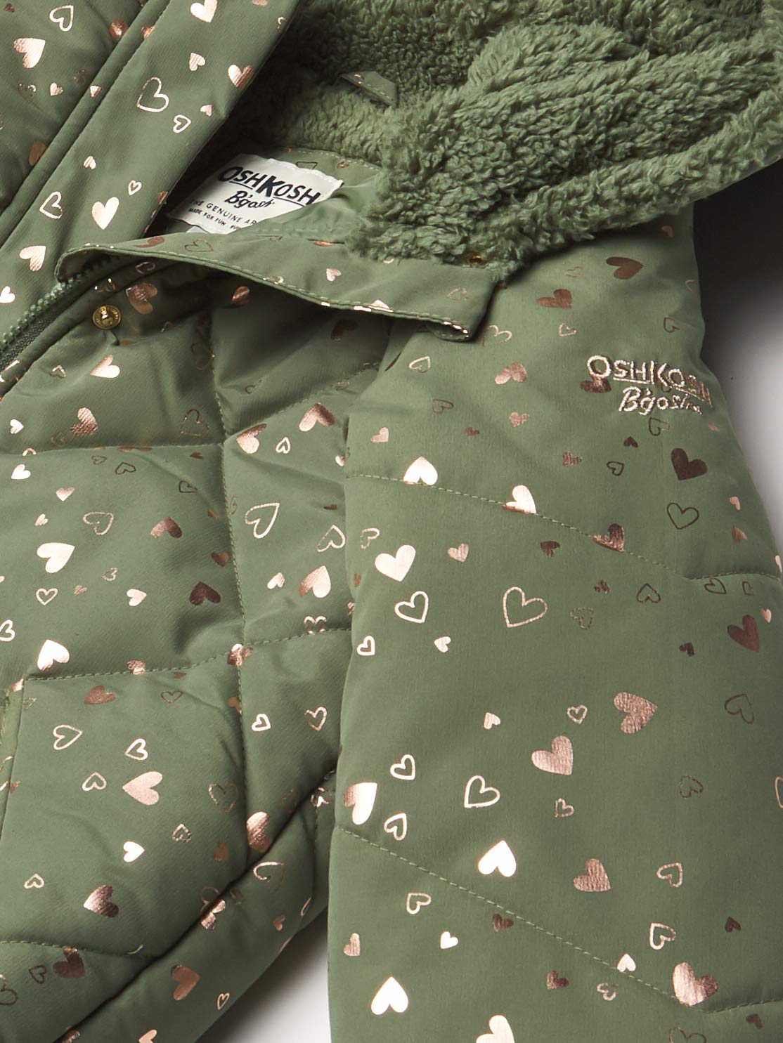Osh Kosh Girls' Perfect Puffer Jacket, Green/Pink Hearts, 7