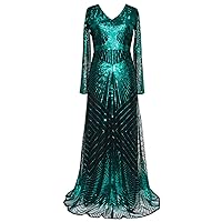 Women's Long Sleeve V-Neck Maxi Sequined Prom Formal Evening Dress