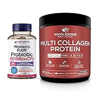 Wholesome Wellness Probiotics for Women 100 Billion CFUs with Prebiotics, Digestive Enzymes + Multi Collagen Protein Powder Hydrolyzed (Type I II III V X) Bundle