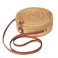 CUCUFA Rattan Crossbody Bag,Circle Rattan Bag, Round Woven Shoulder Bag with Leather Strap and Buckle, Fashionable Summer Beach Bag for Women Travel