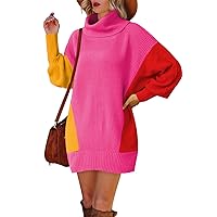 Pink Queen Women's Turtleneck Batwing Long Sleeve Ribbed Loose Oversized Short Pullover Sweater Dress