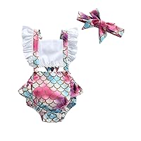 Newborn Baby Girl Fly Sleeve Romper Mermaid Dress for Girls Scales Print Bandage Jumpsuits Headband