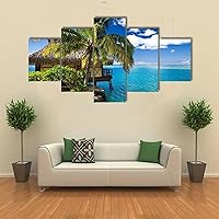 5 Pieces Wall Art Painting On Canvas Decor Poster Tropical Bungalow & Palm Tree Landscape Paintings Canvas HD Prints Pictures Wall Art Home Decorative Poster Modern Artwork