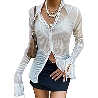 Women Sheer Button Up Blouse Sexy Collared Shirts Mesh Flare Sleeve Crop Top Y2k Vintage Streetwear