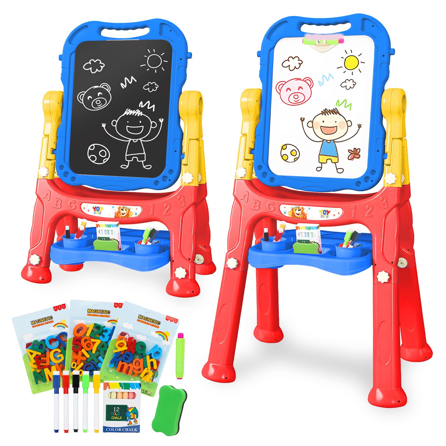 TOY Life Easel for Kids Art Easel for Toddler Easel - 4in1 Double-Sided Large Magnetic Board Kids Chalkboard Easel Drawing White Board for Kids Magnetic Letters & Numbers Birthday Gifts for Kids
