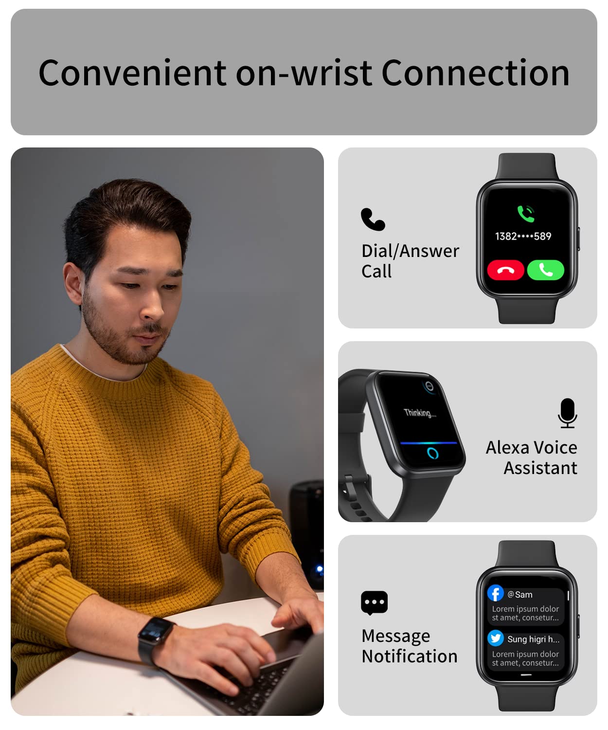 RERE ASW2 Smart Watch (Answer/Make Call), Alexa Built-in, 1.69