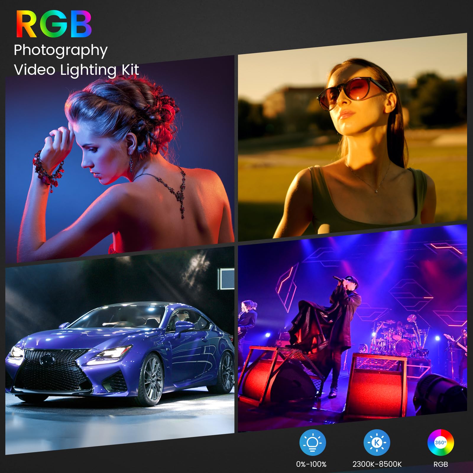 RGB Photography Video Lighting Kit, 50W Bi-Color Energy-Saving LED Video Studio Lights with 2300k~8500k Dimmable CRI 97+ for Filming Camera Photo Recording Stage Shooting Streaming YouTube TikTok