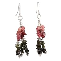 NOVICA Artisan Handmade Tourmaline Waterfall Earrings Multicolor .925 Sterling Silver Artisan Jewelry Beaded India Strawberry Ice Pink Quartz 'Rejoice'