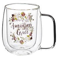 Coffee and Tea Mug 10 oz Double Wall Insulated Clear Glass Layer, Lead-free Beverage Cup with Handle for Women: Amazing Grace - Inspirational Hymn, Floral Pink and Plum