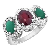 PIERA 10K White Gold Natural Quality Ruby & Cabochon Emerald 3-stone Mothers Ring Oval Diamond Accent, sz5-10