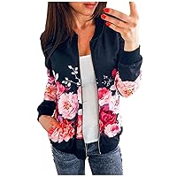 BUKINIE Womens Casual Floral Jackets Lightweight Zip up Inspired Bomber Jacket Coat Stand Collar Long Sleeve Fashion Short Outwear Tops