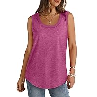 Ribbed Trim Scoop Neck Tank Tops Womens Comfy Loose Sleeveless T-Shirts Summer Flowy Curved Hem Solid Tunic Blouses
