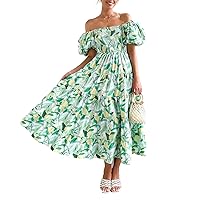 Women's Floral Square Neck Maxi Dress Summer Boho Long Dresses Puff Short Sleeve Tiered Maxi Dress Beach Vacation Sundress