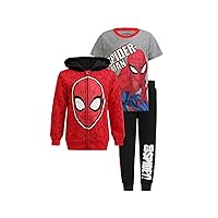 Marvel Spider-Man Boys Zip Up Hoodie, T-Shirt, and Jogger Set for Toddlers and Big Kids – Red/Grey/Black