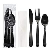 Party Essentials Individually Wrapped Black Plastic Cutlery Packets/Heavy Duty Silverware Kits, Fork/Spoon/Knife/Napkin, 50 Sets