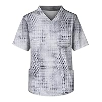 Mens Print Scrub Tops Plus Size Short Sleeve V Neck Light Weight Nurse Uniform with 3 Pocket S-5XL