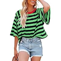Women's Tops Striped Fashion T Shirts Color Blocking Design Loose Basic Tee Tops, S-2XL
